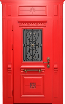 Парадная термодверь с фрамугой, боковыми вставками, ковкой, стеклом и отделкой красными плитами МДФ с багетом