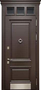 Стальная коттеджная термодверь с остекленной верхней вставкой, карнизом, отбойником, кнокером и отделкой МДФ коричневого цвета с багетом