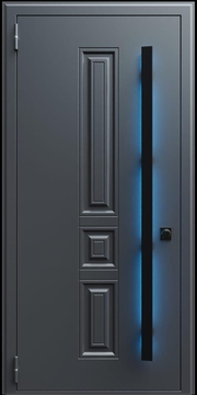 Входная термодверь с металлофиленкой, длинной ручкой с подсветкой и порошковым покрытием RAL 7021 (тип №12)